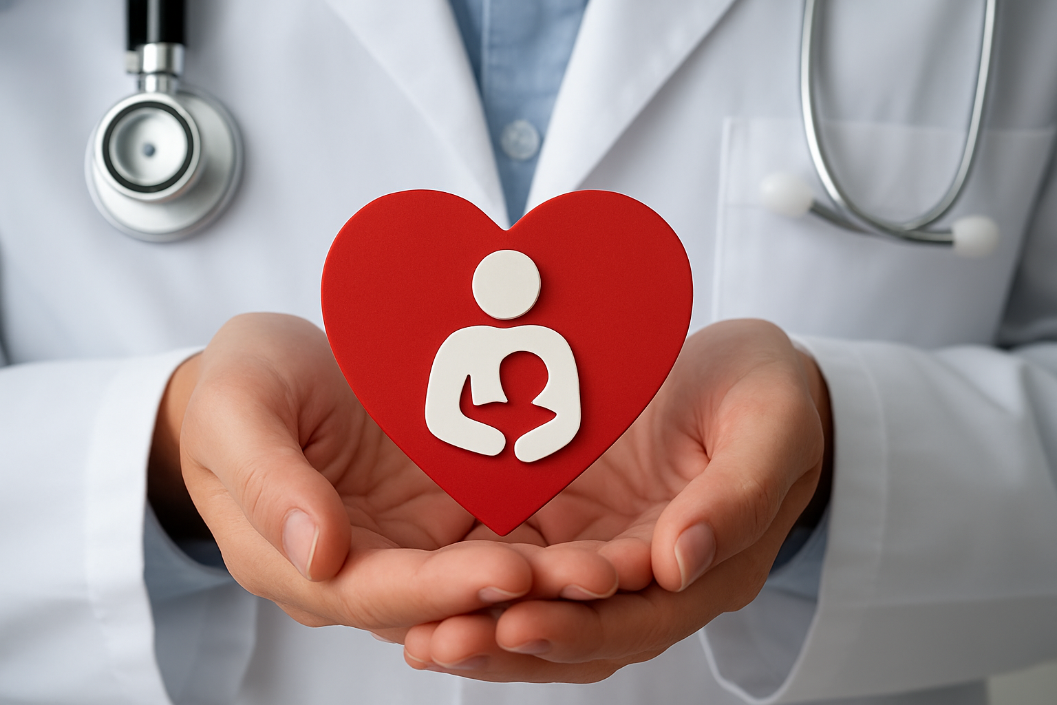 A healthcare professional holding a red heart symbol with a caregiver icon, symbolizing compassionate care.
